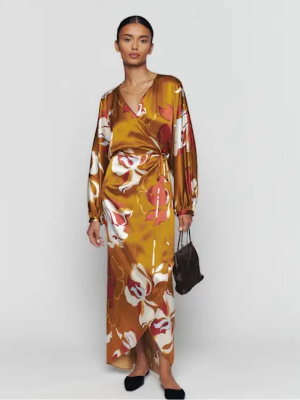 Reformation Dress Gilbert Silk Kimono Wrap Maxi in Sepia Tan Caramel Floral